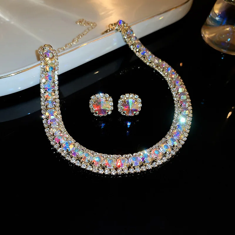 FYUAN Luxury Crystal Necklace Earrings Set Pink ABcolourful Necklace for Women Weddings Party Jewelry Sets Accessories