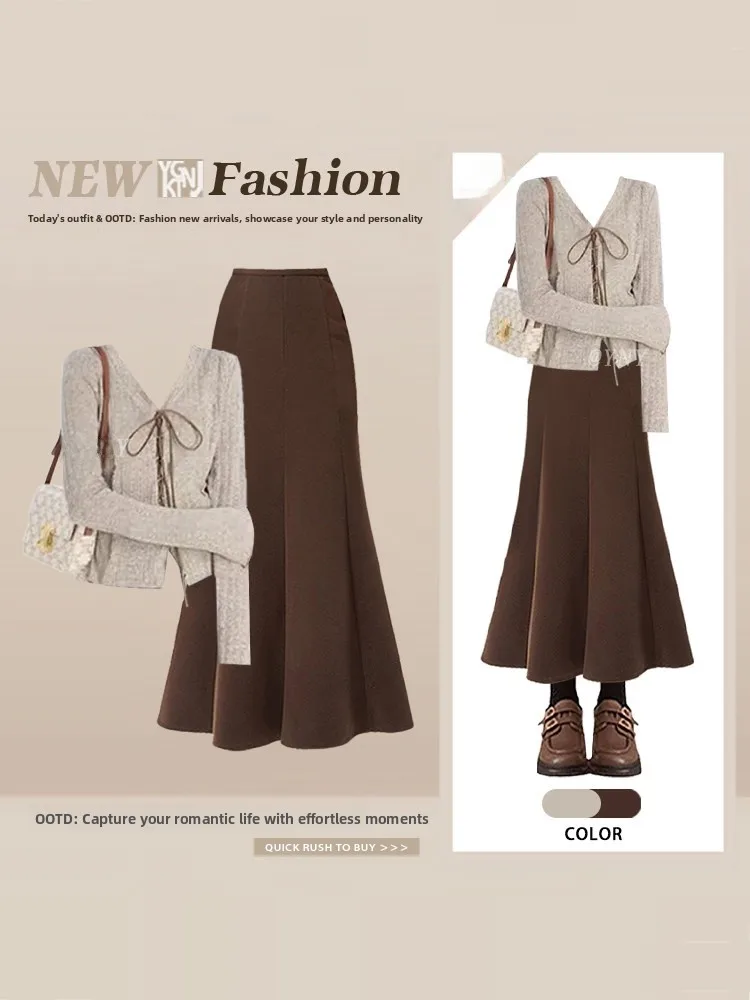 

Ретро-костюм из двух предметов: укороченный вязаный топ с V-образным вырезом, длинными рукавами и поясом, а также юбка миди с высокой талией для женщин, весенняя мода.