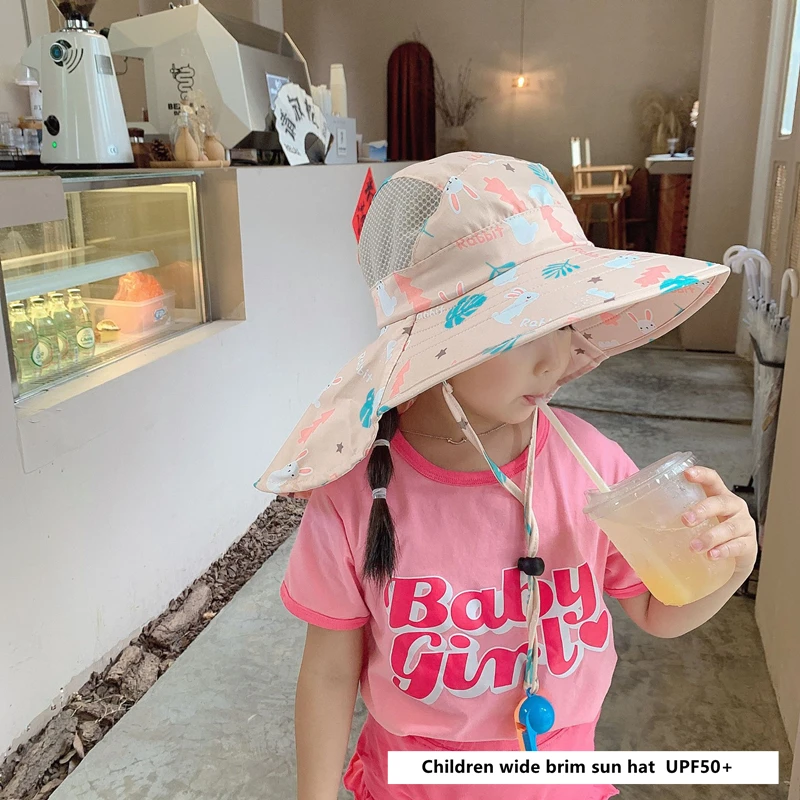 Summer Kids Sun Hat With Neck Flap Strap Wide Brim Beach Hats Kids Bucket Hat UV Protection Panama Cap For Boys Girls Outdoor