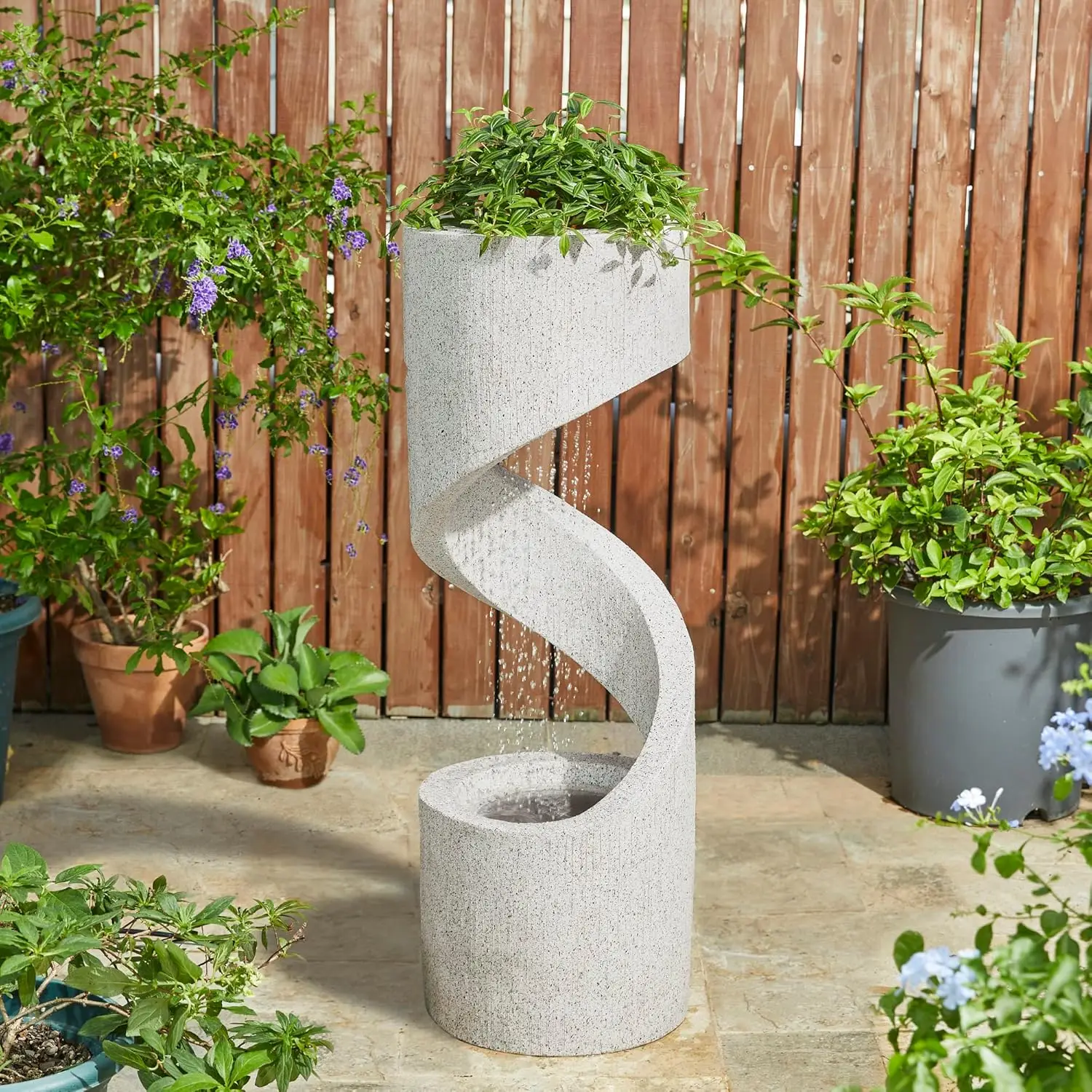 

Decorative Tiered Outdoor Water Fountain with LED Light Vintage Curved Waterfall Fountain