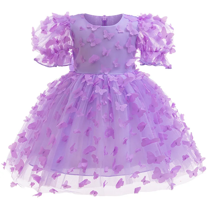 Girls 3D Butterfly Bubble Sleeves Princess Dress Children\'s Fashion Lace Dress Carnival Banquet Performance Clothing