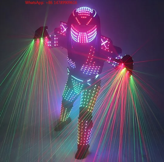 Disfraz de robot luminoso LED, armadura luminosa RGB, chaqueta de baile LED, traje de robot de escenario con luces y guantes para discoteca, bar, espectáculo.