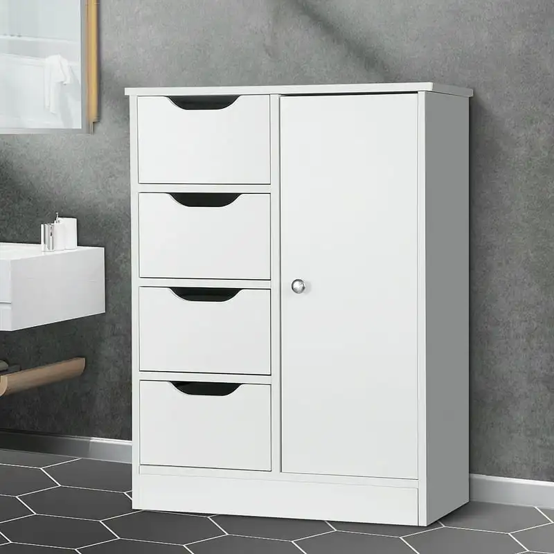 Postmodern Bathroom Floor Cabinet Free Standing Cabinet Storage Organizer With 4 Drawers And 1 Cupboard Adjustable Shelf White