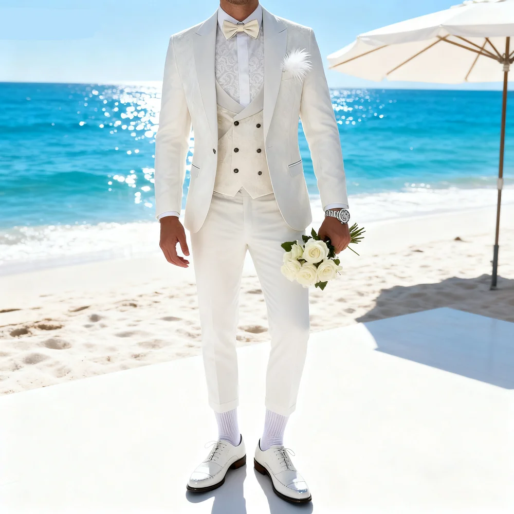 

Jacquard 3 Piece Men's Tuxedo Regular Fit Blazer Vests Pants Double Breasted Business Prom Wedding Set Men's Formal Clothes