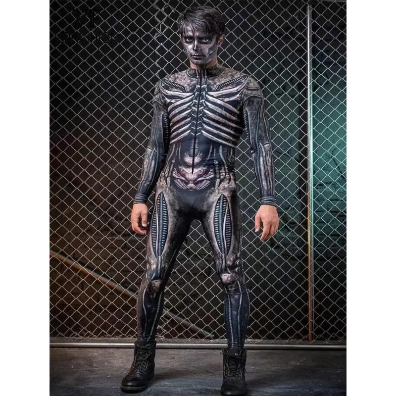 VIP FASHION Men Skeleton Costume Purim Halloween Party Jumpsuit Adult Zentai Bodysuit Long Sleeve Carnival Performance Outfit