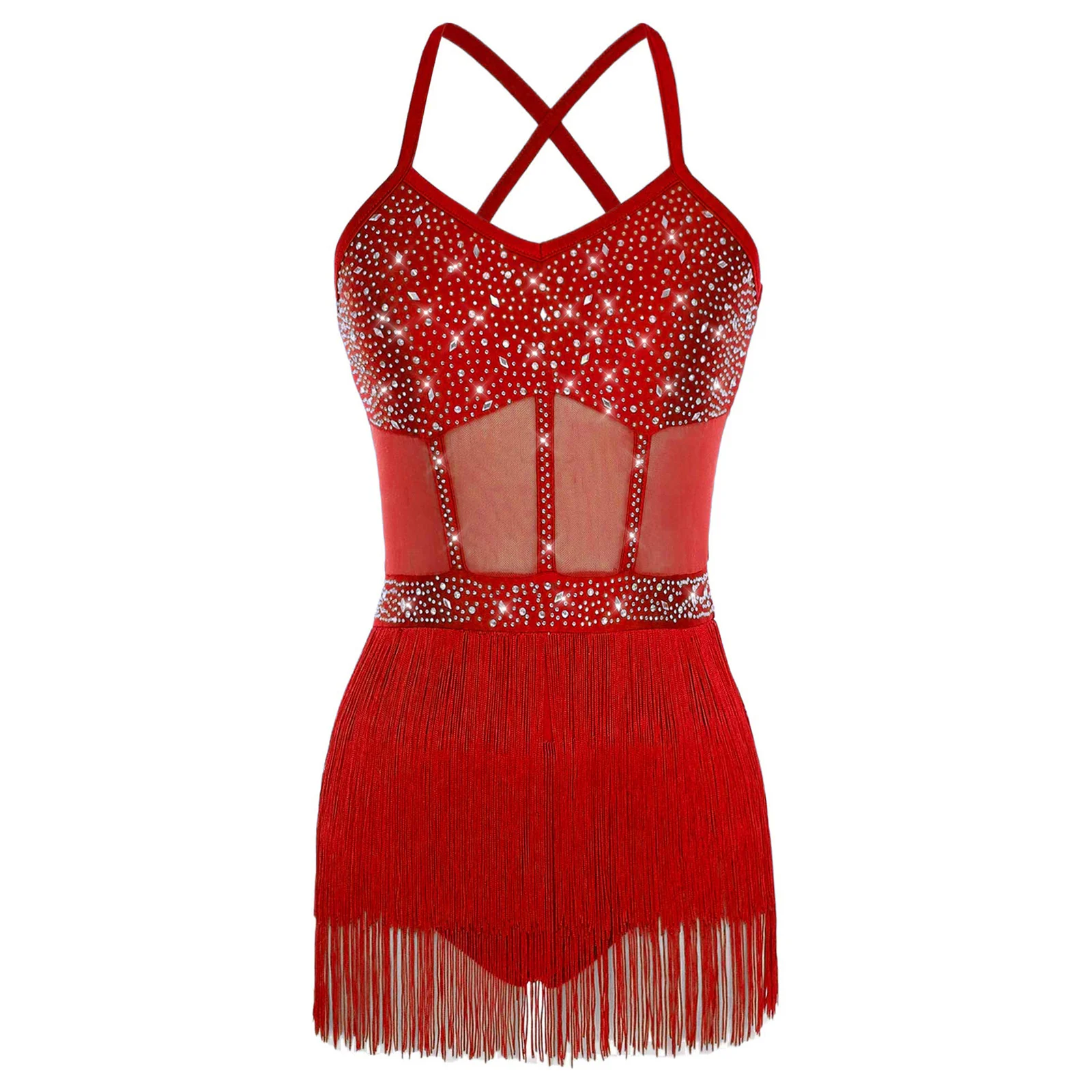 Womens Glittery Rhinestone Feather Dance Leotard Dress Tango Latin Dancewear Stage Spaghetti Straps Rumba Leotard Bodysuit Dress