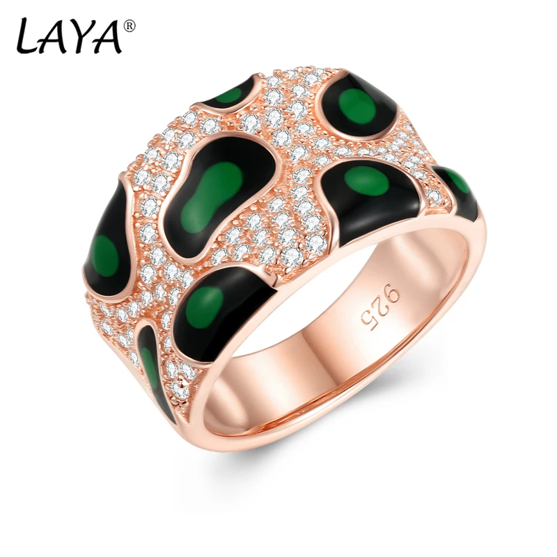 LAYA 925 Sterling Silver Ring For Women Minimalist Leopard Print Sparkling Zircon Handmade Enamel Piercing Ear Fine Jewelry