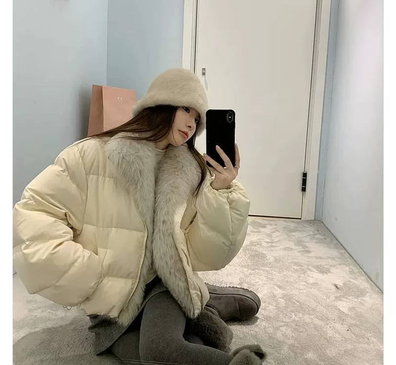 ZAROY Women's Winter Jacket Luxury Fox Fur Collar Puffy Thicken Warm Cotton Short Coat High Street Fashion Outwear Parkas куртка