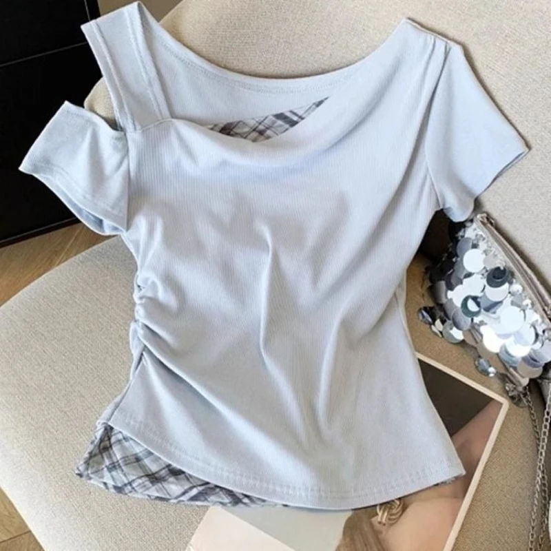 Girls Off Shoulder Fake Two Piece T-Shirt Short Sleeve Summer Kids Top Slim Fit Color Block Splicing Tee for Big Girls Age 7-14​ view 5