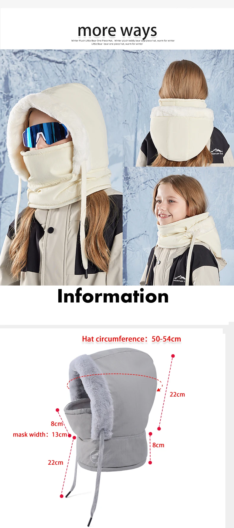 Winter-Fahrradmütze, warmer Schal für Kinder, Gesichtsmaske, integriert, kältebeständig, winddicht, Kopfbedeckung, verdickter Samt-Nackenschutz – Detail 5