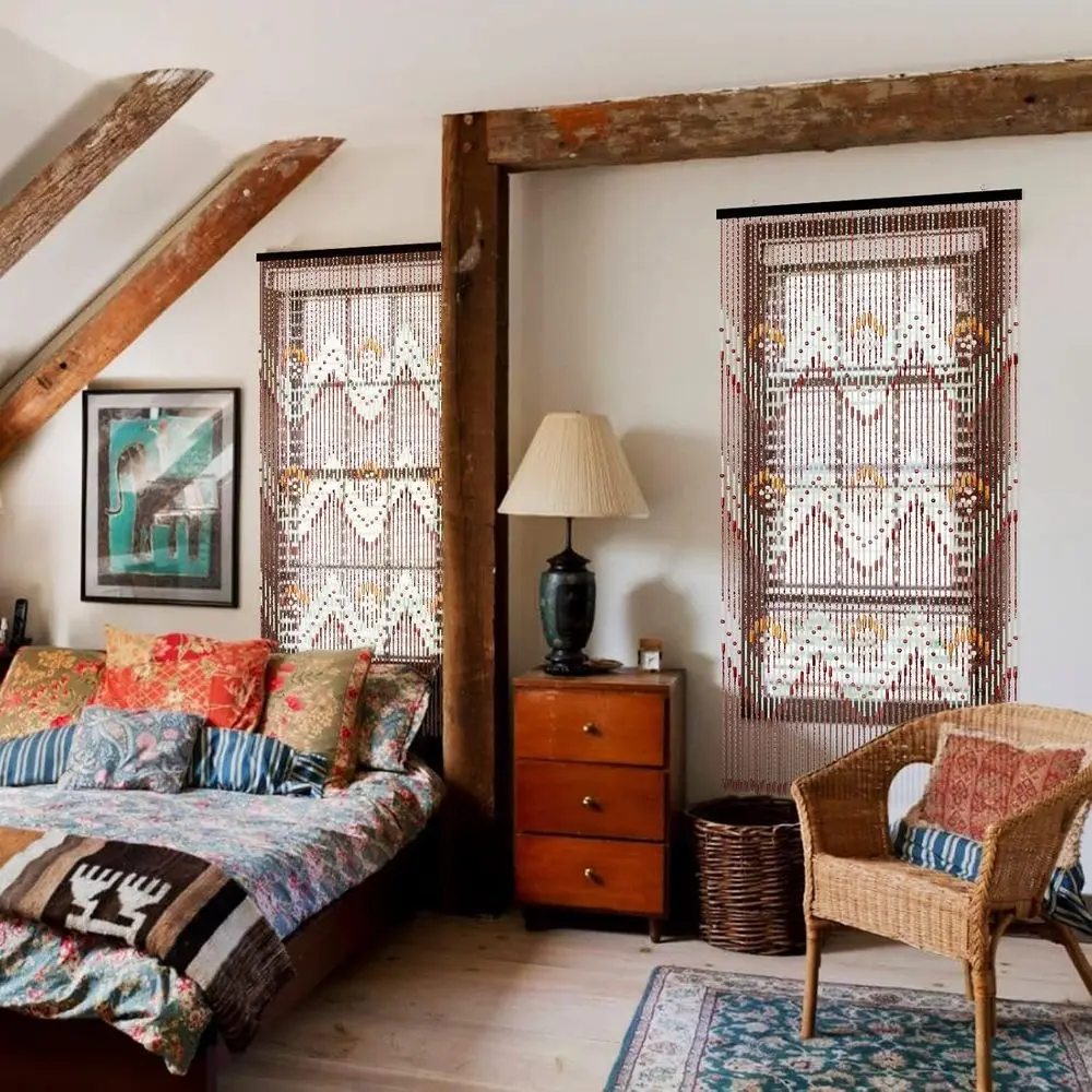 Cortina de contas de bambu feita à mão 35,5 x 75, 52 fios, contas de porta de madeira, divisor de quarto estilo hippie, marrom