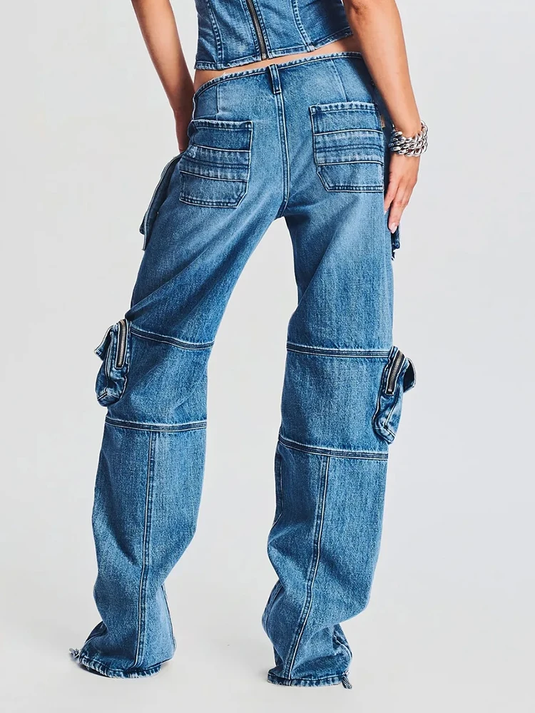 Retro VGH Denim Work Pants Slim Straight Multi-Pocket Street Style Jeans Natural Waist Button Closure All-Season Ladies Trousers