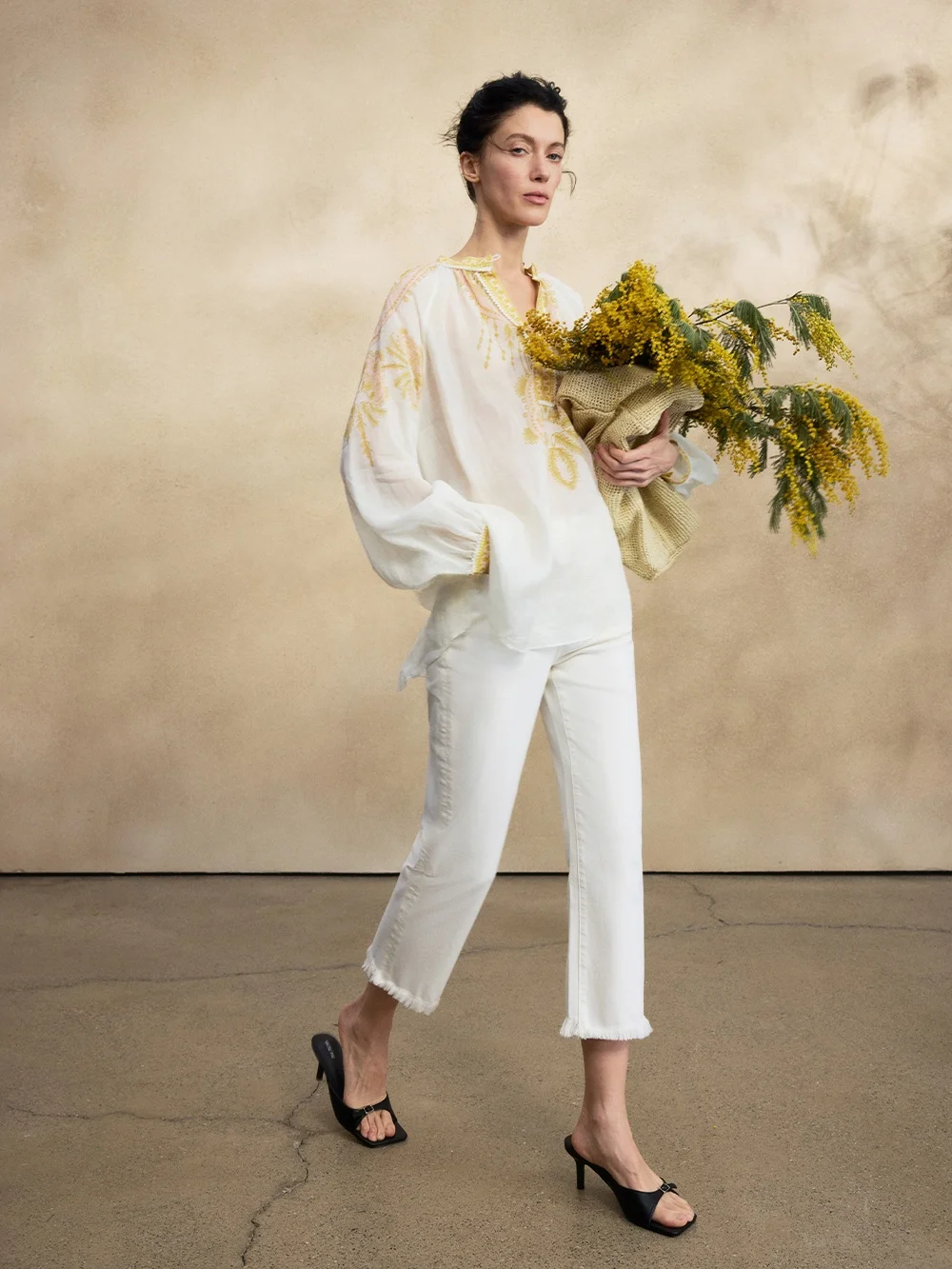 

Mannala Commuter Casual Frayed Nine-Tenths Jeans White Cow Straight Leg Cotton Zipper l Waist Spring Summer