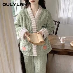 Flower Print Cardigan Sweet Women Pajamas Set Winter Fleece Velvet 2 Pieces Home Clothes Sleeping Fluffy Warm Pajamas