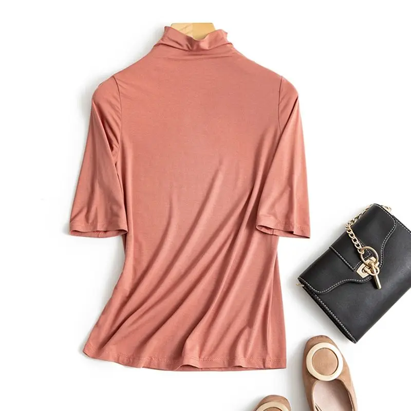 

Classic Style Women's Modal Turtleneck Half High Neck T-Shirt 2025 Autumn Winter Five-Sleeve Slim Fit Thin Bottoming Casual Tees