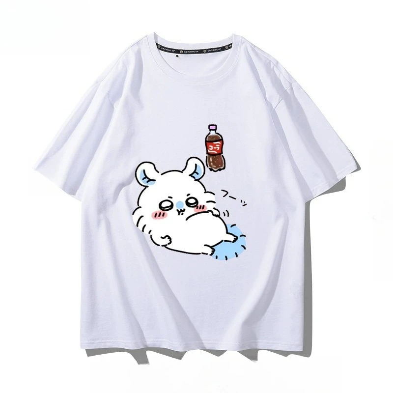 Couple Style Chiikawa Hachiware Camera Oversize Heavyweight T-shirt Unisex Cotton Summer Loose Casual Short Sleeve Top