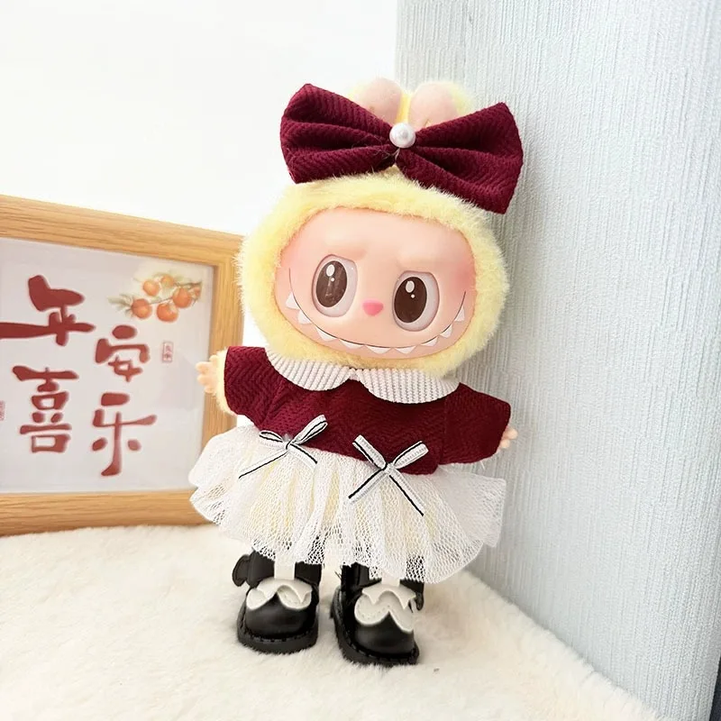 17cm Labubu I II Idol Dolls Clothes Burgundy White Gauze Dress Accessories Korea Kpop Exo Clothing Plush Doll'S Clothes
