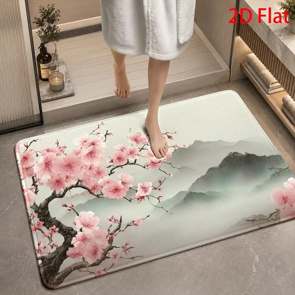 Cherry Blossom Sakura Doormat Welcome Mat for Home Entrance Mat Polyester Decorative Spring Floral Mountain Landscape Floor Rug