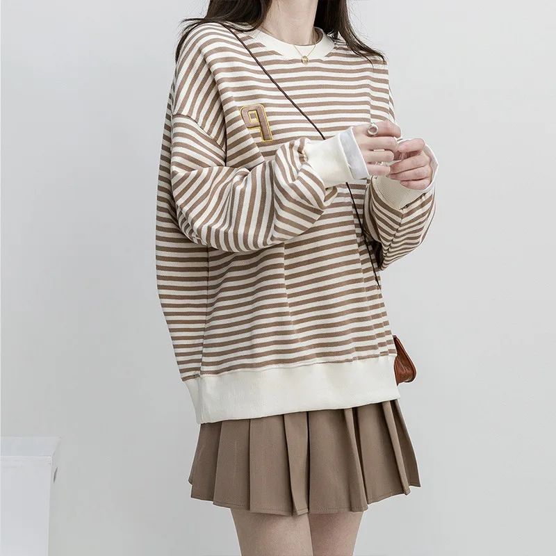 

Женские топы, полосатые рубашки, футболки с длинными рукавами, пуловеры с круглым вырезом, футболки, свободные повседневные легкая эластичная повседневная осень 202, сращенные