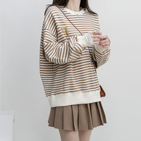 Women Tops Striped Shirts Long Sleeve Tees O Neck Pullover T Shirts Loose Casual Slight Strech Casual Autumn 2025 Spliced