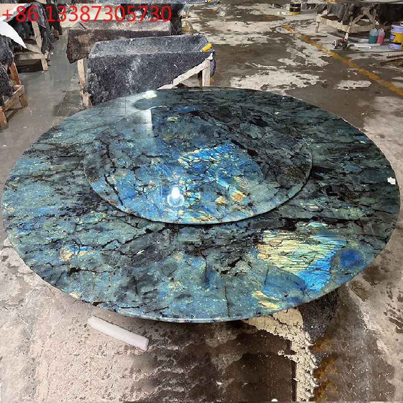 Imported natural marble sapphire blue jade luxury stone dining table round table for home use