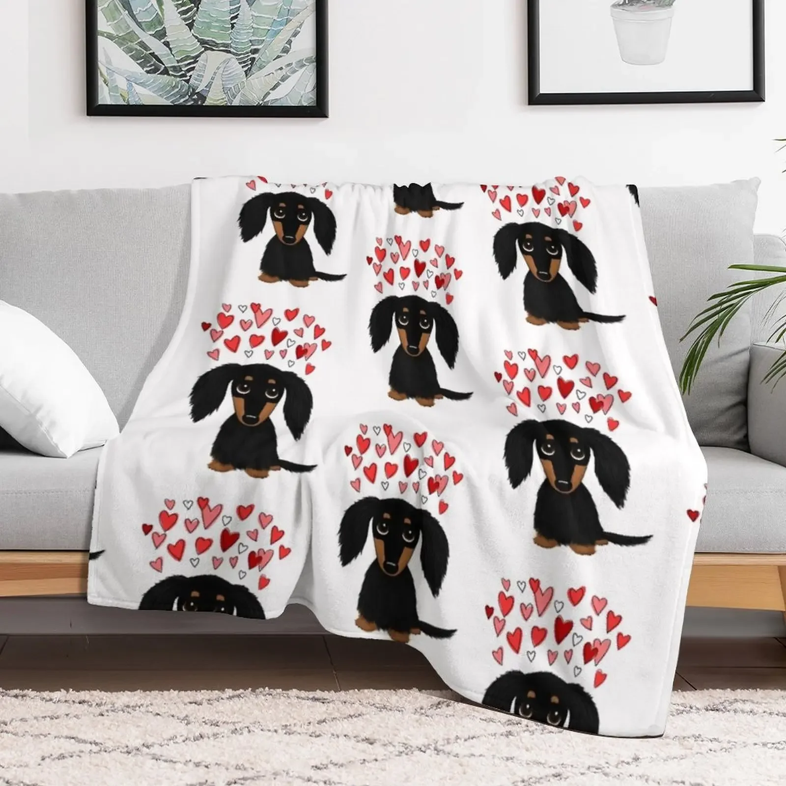 Black and Tan Longhaired Dachshund with Hearts Throw Blanket Luxury Designer Soft Plaid Hairys Blankets