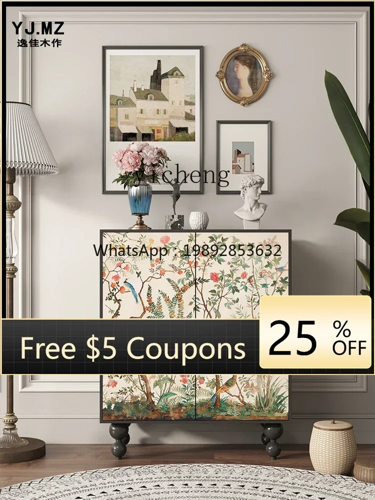 

retro flower and bird solid wood shoe cabinet household dining side cabinet entrance entrance cabinet living room integrated