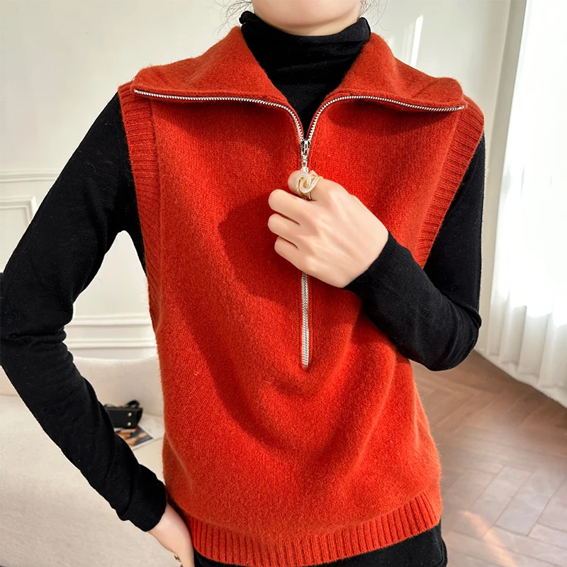 100% Merino wool Autumn/Winter new women's sweater lapel jumper Fashion light luxury honeycomb warm bottom knit vest