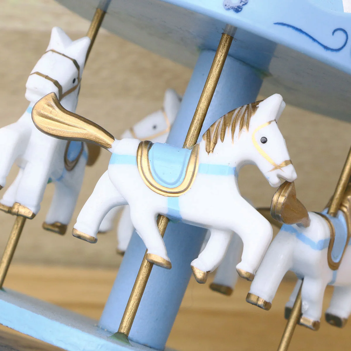

Wooden Miniature Carousel Music Box Blue Mechanical Rotation Decorative Ornament Musical Gift for Birthday Christmas Valentine's