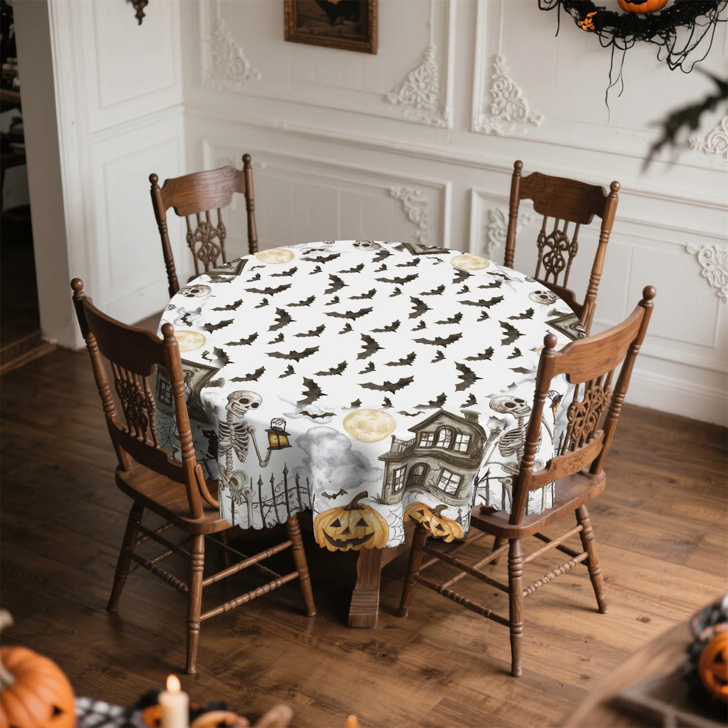 Pumpkin lantern, black cat, skull, bat, castle, Halloween tablecloth, 1 pack, suitable for indoor usezyc