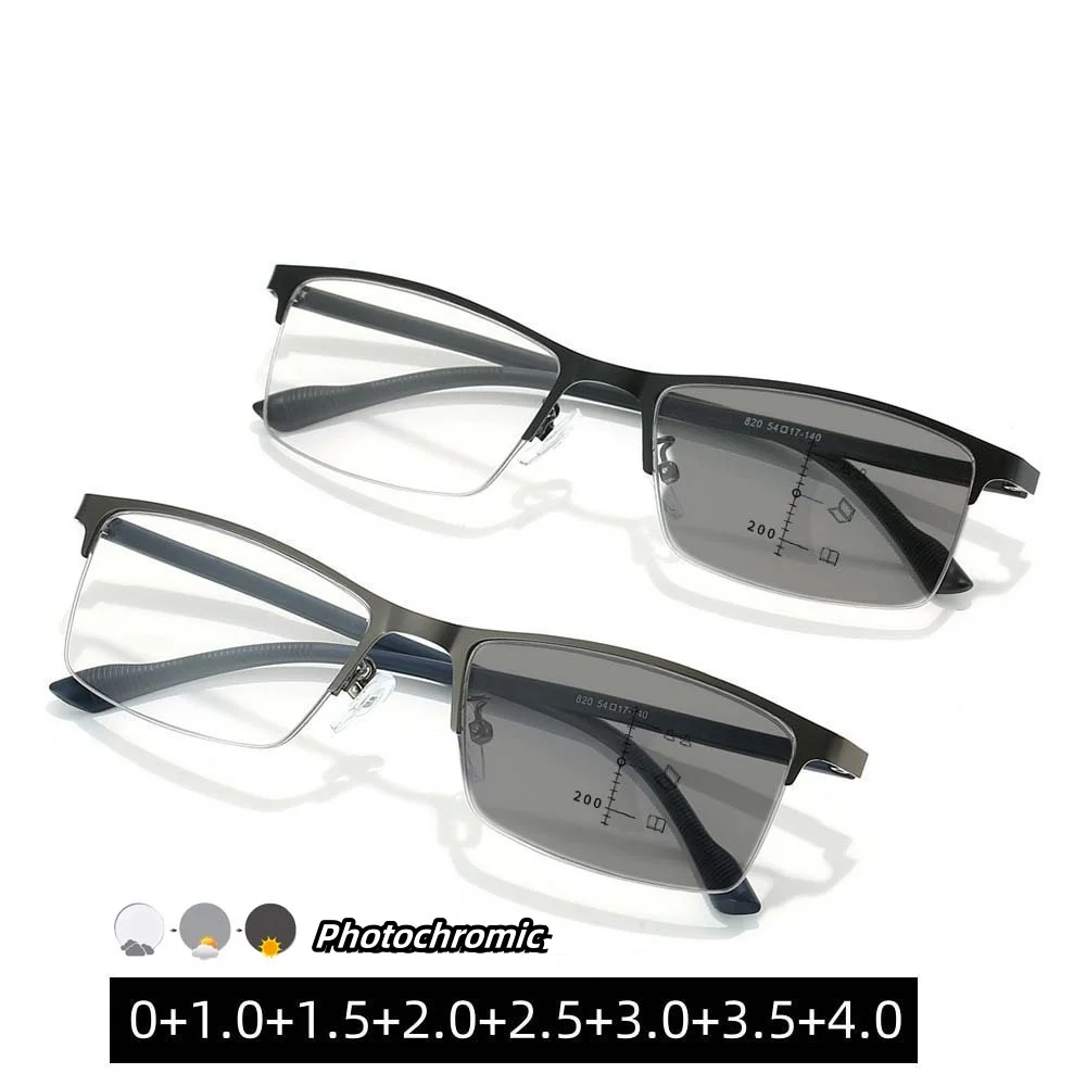 

New Men's Half Frame Business Reading Glasses High Definition Color Changing Eyewear Progressive Multifocal Presbyopia Goggle