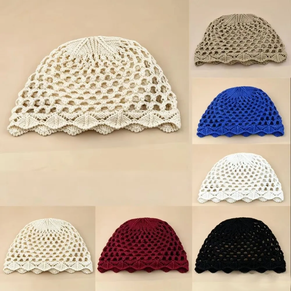 Hollow Out Crochet Knitted Hat Adjustable Beads Tassels Hollow Knit Cap Handmade Charm Pullover Style Mesh Knitted Hat Women