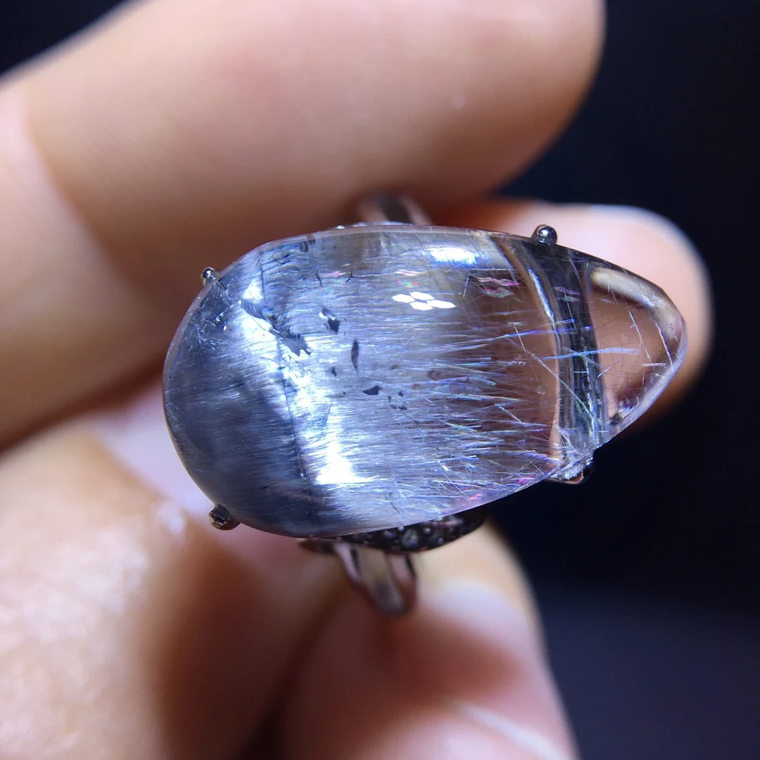 

Natural Brookite Platinum Rutilated Quartz Ring 18.8/11mm 925 Silver Woman Men Water Drop Lucky AAAAA