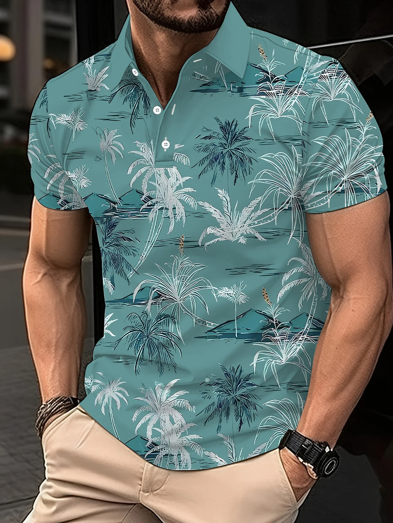 New men's short-sleeve polo shirt T-shirt, loose-fitting and tailored with printed patterns, versatile basic crew-neck top suita