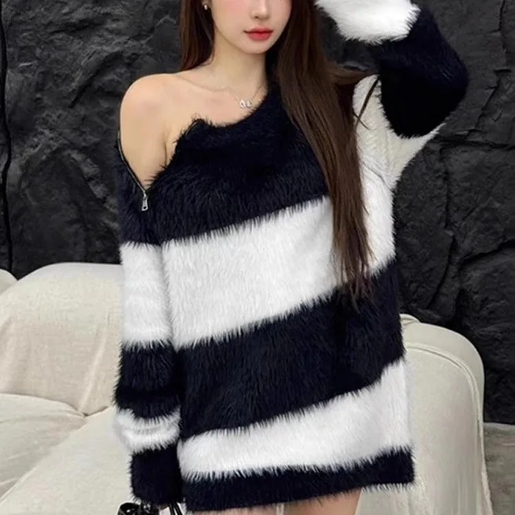 

Lazy Style High-end Sweater 2025 New Autumn and Winter Striped Knitted Sweater Spicy Girl Top