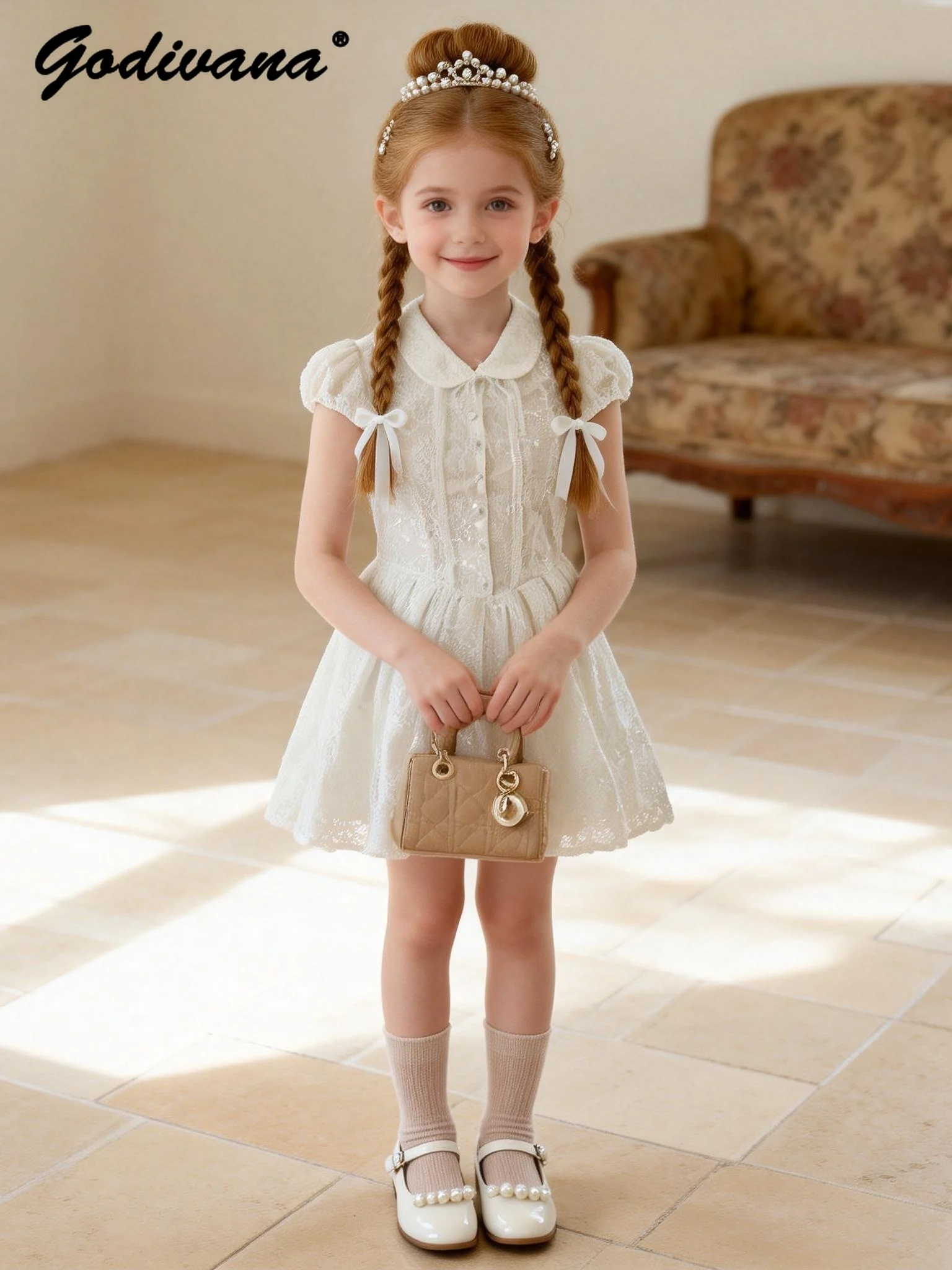 Sweet Baby Girls Summer New High End French Peter Pan Collar Princess Dress Kids Fashion Heavy Lace Embroidery Birthday Dresses