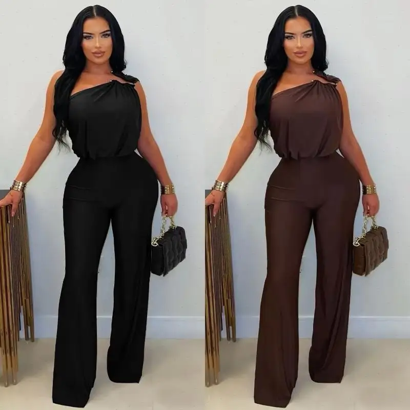 Jump Suits Women One Piece Y2k Streetwear Slash Neck Sleeveless Straight Long Pants High Waist Wrap Jumpsuit Work Casual