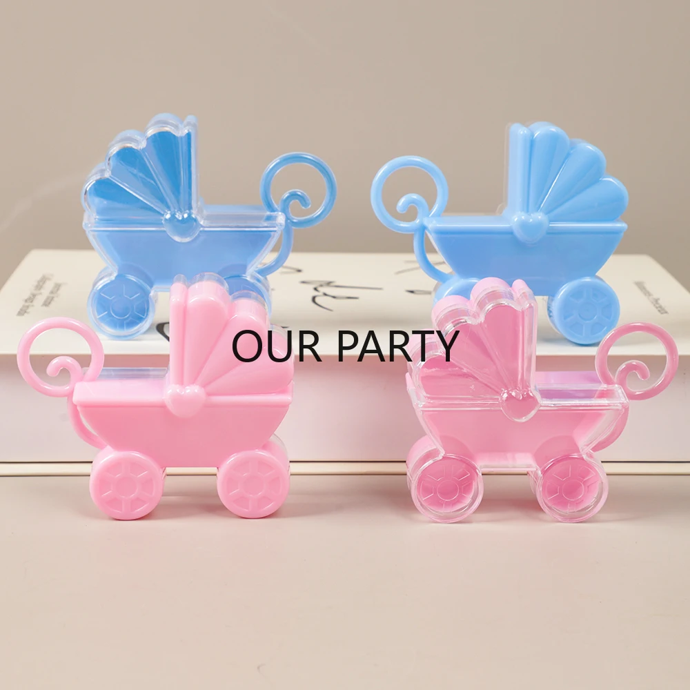 4Pcs Cute Baby Carriage scatola di caramelle di plastica Gender Reveal Theme scatole di imballaggio regalo per bambini compleanno Baby Shower Party