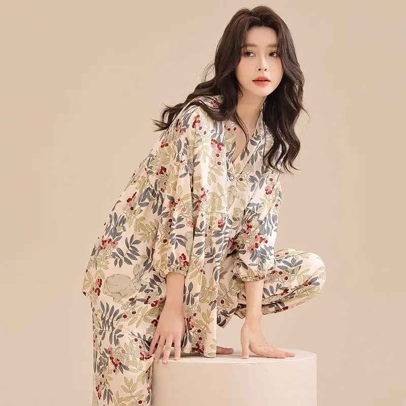 Baggy Pajama Sets Women Casual Chic Spring Vintage Printed Home Lounge Wear Lady Sleep Breathable Stylish Korean Fashion 2023