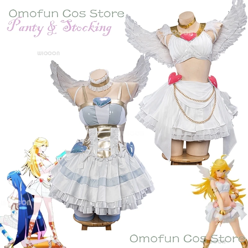 Anime Panty & Stocking Anarchy with Garterbelt Costume Cosplay Lolita Fancy Dress Angel Wing Gown Halloween Party Clothes Outfit