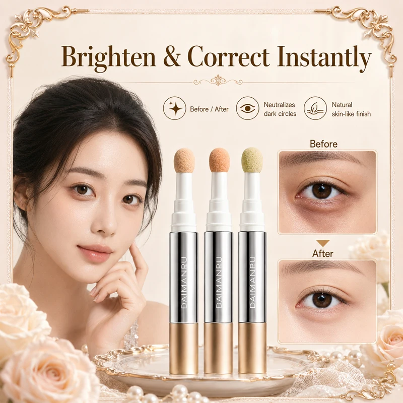 3-Color Correcting Concealer Pen with Sponge Tip, Under Eye Dark Circle Redness Blemish Cover, Lightweight Long Lasting Makeup