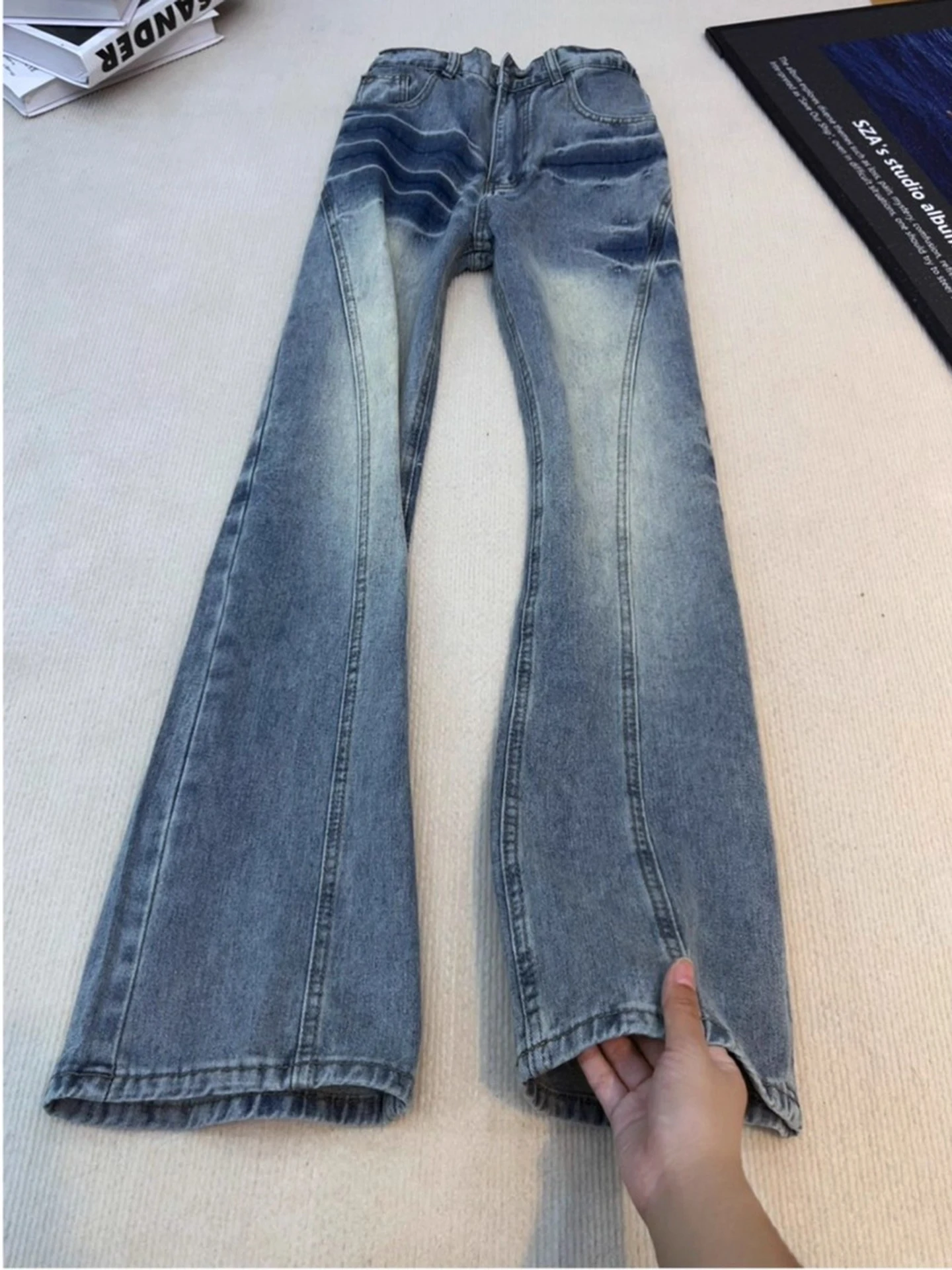 

Ice Blue Lightning Pattern Men's Jeans Straight Leg Retro Diagonal Cut Flared Pants Cleanfit Trendy Brand Autumn Winter