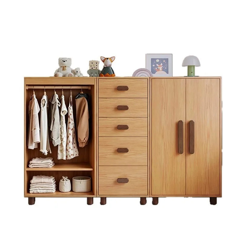 Wardrobe, solid wood bedroom household small apartment storage wardrobe, modern simple baby wardrobe double three-door wardrobe