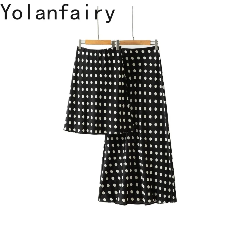 YOLANFAIRY Fashion 93%Real Mulberry Silk Skirts Woman Summer High Waist Polka Dot Skirt Long or Mini Elegant Skirts Korean Style