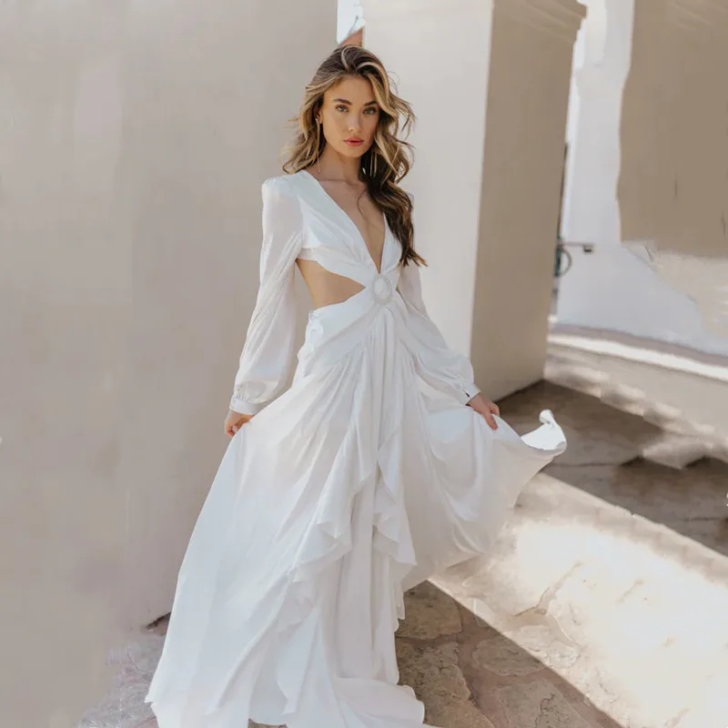 

Modern Simple Wedding Dress Sexy Deep V-neck Backless Formal Pleat Long Sleeves Bridal Growns vestido de noiva Court Train 2024