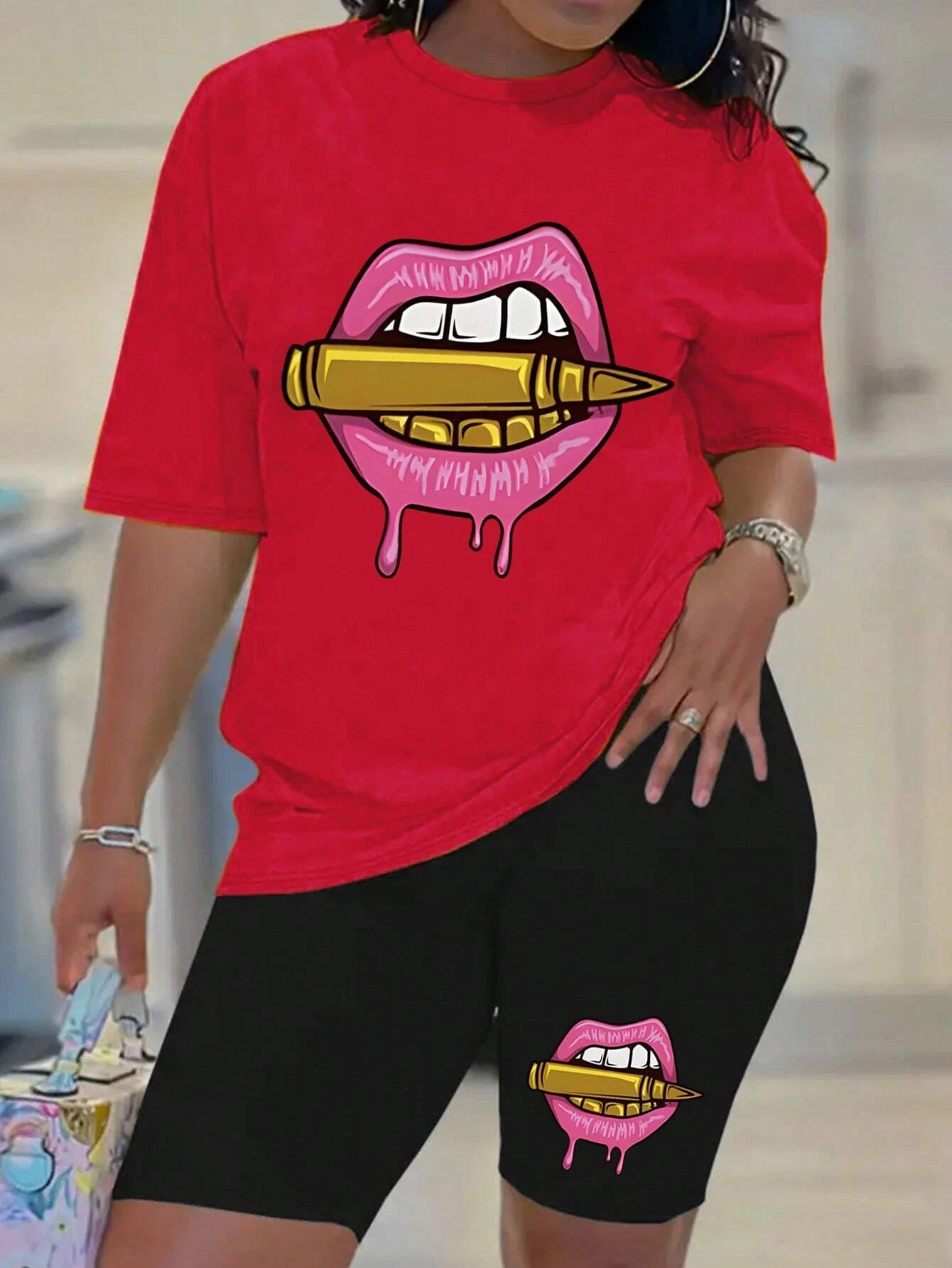 

Sexy Lips Printing Women Cotton T Shirts New Two Piece Set Casual Fashion Short Sets Summer Comfortable Loose Basic Shirt Shorts
