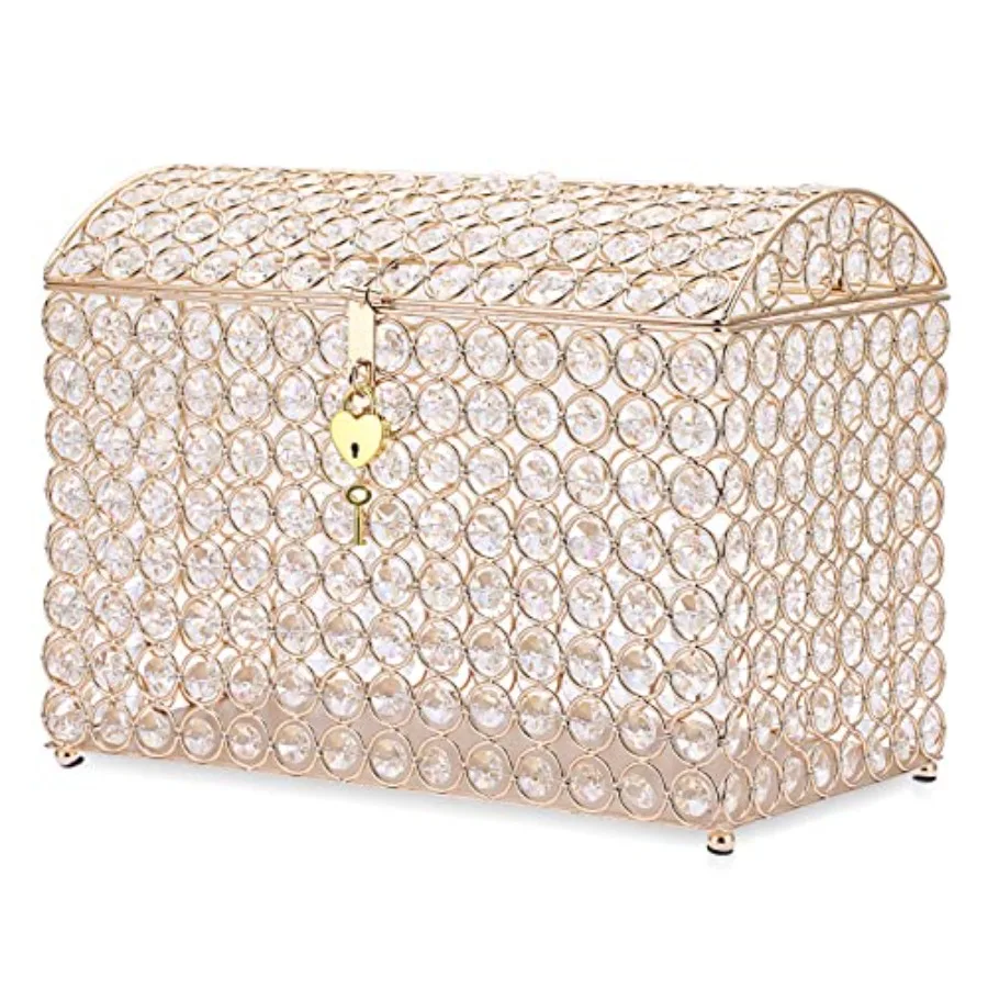 

Crystal Wedding Card Box with Heart Lock 12.6" x 6.3" x 9.4" Money Card Box Treasure Chest Style Gift for Wedding Receptions Ce