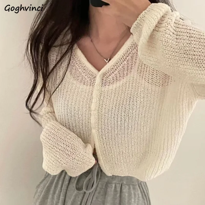 

Crops Sweaters Women Pure Color Elegant Ulzzang Lady V-neck Knitting Leisure Student All-match Holiday Basic Sun-proof Cardigan