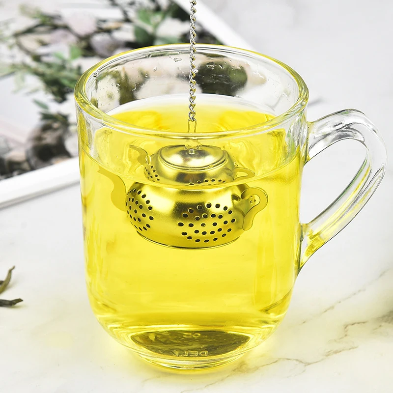 Metal Tea Strainer Teapot Shape Loose Tea Infuser Stainless Steel Leaf Tea Maker Strainer Chain Drip Tray Herbal Spice Filter