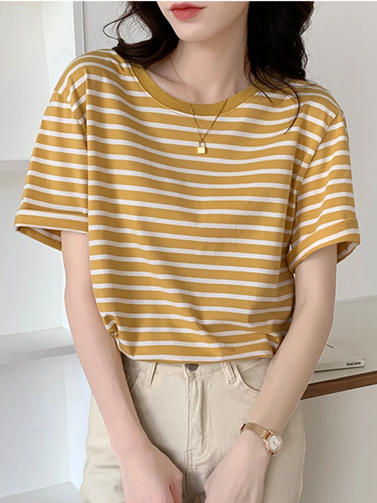 Summer Women Striped Tshirt Tops 2026 Long Sleeve O-Neck T-Shirts Fashion Korean Casual Cotton Loose Tees Femme Top
